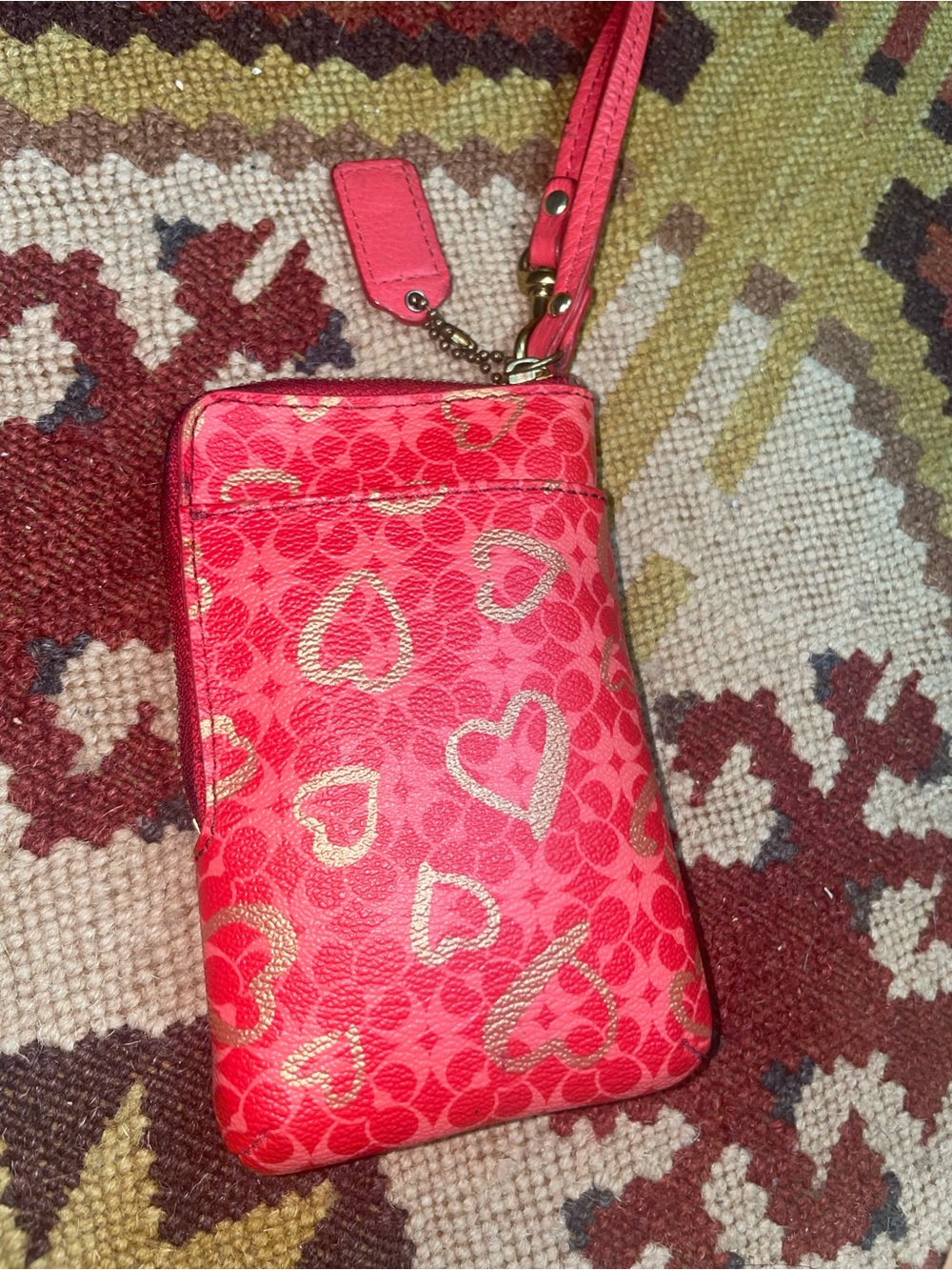 Vintage Coach Pink-Red Gold Heart Print Mini Wristlet with Gold Accents - Picture 2 of 10